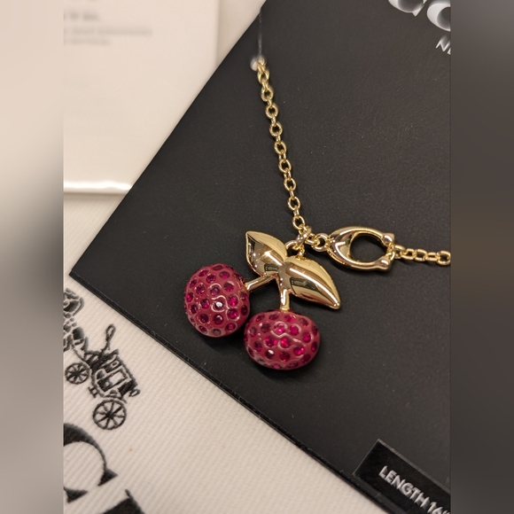 Coach Signature Pave' Cherry Pendant Necklace - NWT - Gold 16-18 Inches Long - Picture 6 of 9